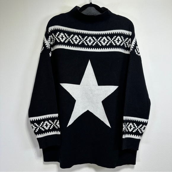 Tahari | Black & White Star Knit Sweater Mock Neck Boho Fair Isle Style Size 1X - Picture 1 of 8